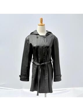 Vintage 80s Black Leather Double Breasted Hooded Belted Trench Coat Medium